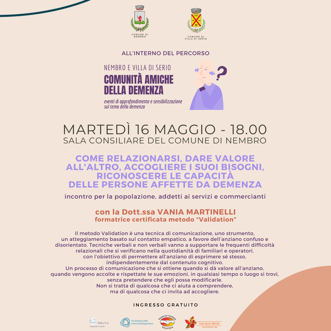 Immagine Incontro: COME RELAZIONARSI, DARE VALORE ALL'ALTRO, ACCOGLIERE I SUOI BISOGNI, RICONOSCERE LE CAPACITÀ DELLE PERSONE AFFETTE DA DEMENZA